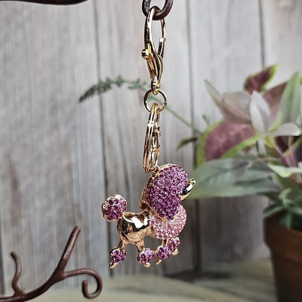 NEW PINK RHINESTONE POODLE KEYCHAIN BAG CHARM